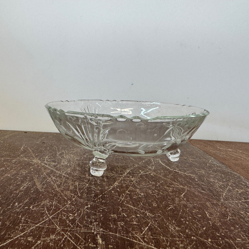 Vintage Etched Floral Glass Footed Bowl Scalloped Edge 3 Legged Centerpiece